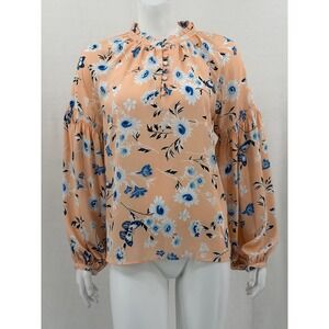 Ann‎ Taylor Top Womens Small Peach Floral Long Sleeve Ruffle Sheer Boho Spring